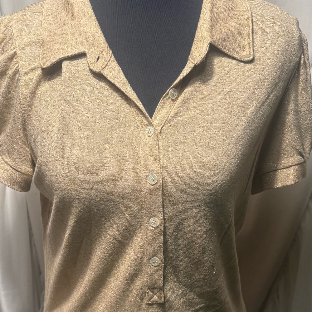 J Crew Women’s Gold Metallic Half Button Up Large Blouse